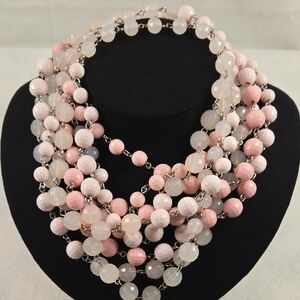 Elegant Pink and White Beaded 122inch Long Necklace